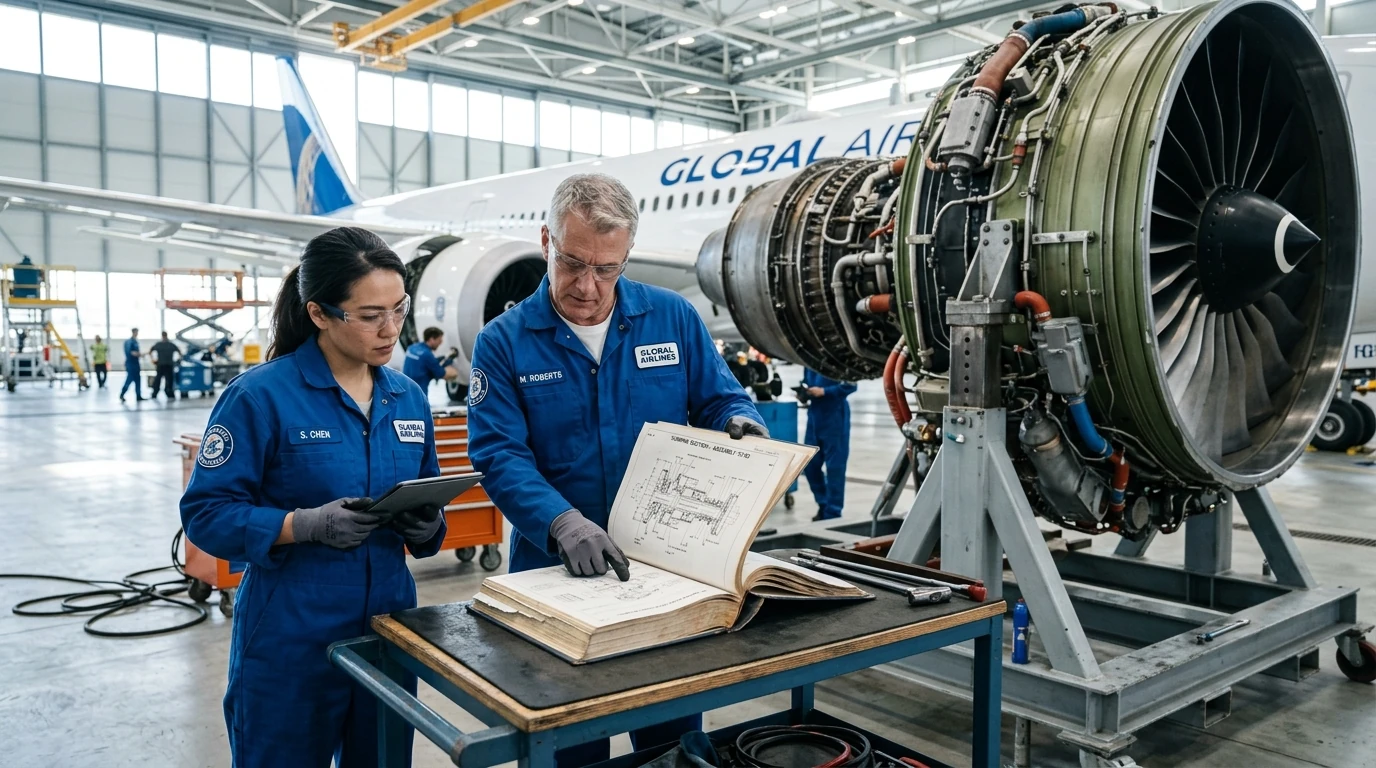 Mecánicos de aeronaves analizando manual de mantenimiento